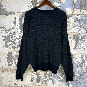 Vintage Y2K Basic Editions Sweater Black Gray Intarsia Knit Pullover Mens Large